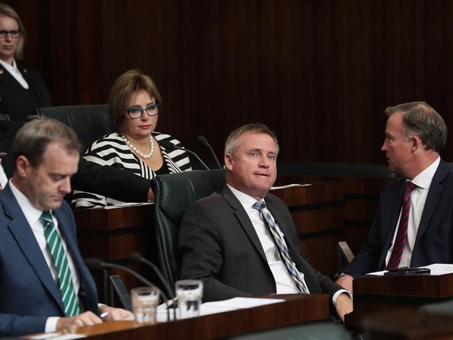 Premier Will Hodgman (right) shows his displeasure at new member, Sue Hickey (left) after she was surprisingly nominated for Speaker and won. Picture: LUKE BOWDEN