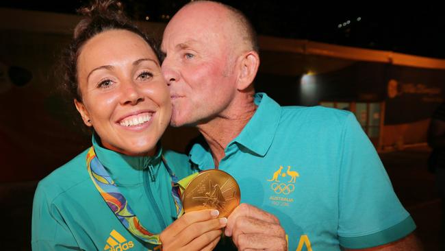 Chloe Esposito is congratulated by her dad and coach Daniel Esposito after winning gold in the modern pentathlon. Picture: Cameron Tandy