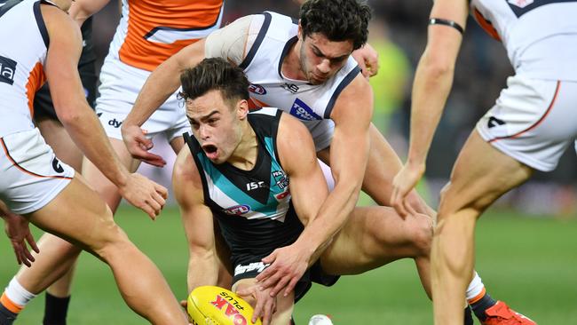 Karl Amon against the Giants, one of just six AFL matches this season. Picture: AAP Image/David Mariuz