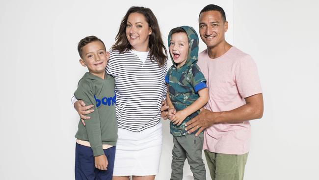 Celeste Barber with her “hot husband” Api Robin and their two boys Lou and Buddy. Picture: Darren Leigh Roberts