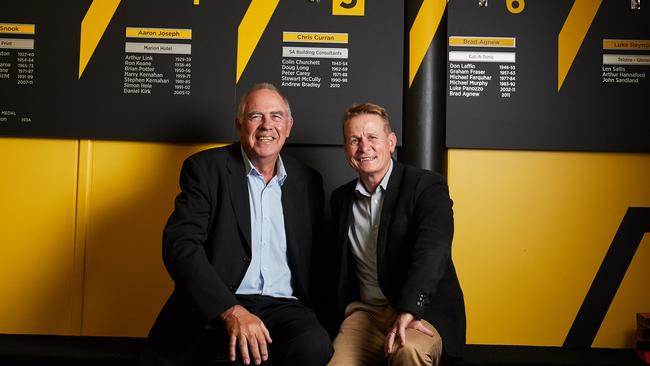 Peter Carey and Nick Chigwidden pose for a picture at Glenelg Football Club in March after Carey was announced as Chigwidden’s successor as Glenelg president. Picture: Matt Loxton