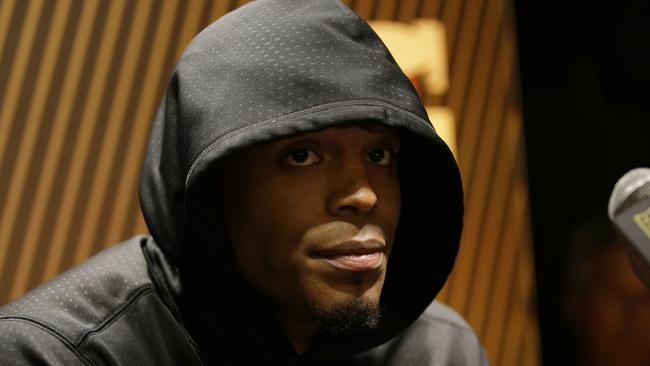 Carolina Panthers’ Cam Newton answers questions after the NFL Super Bowl 50 football game against the Denver Broncos Sunday, Feb. 7, 2016, in Santa Clara, Calif. The Broncos won 24-10. (AP Photo/Marcio Jose Sanchez)