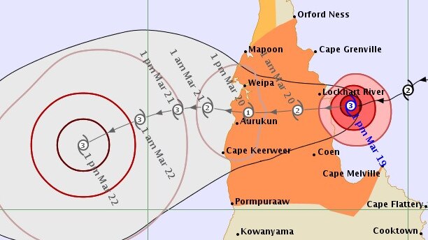 Forecast track map for Cyclone Trevor, issued by Bureau of Meteorology at 2pm on March 19.