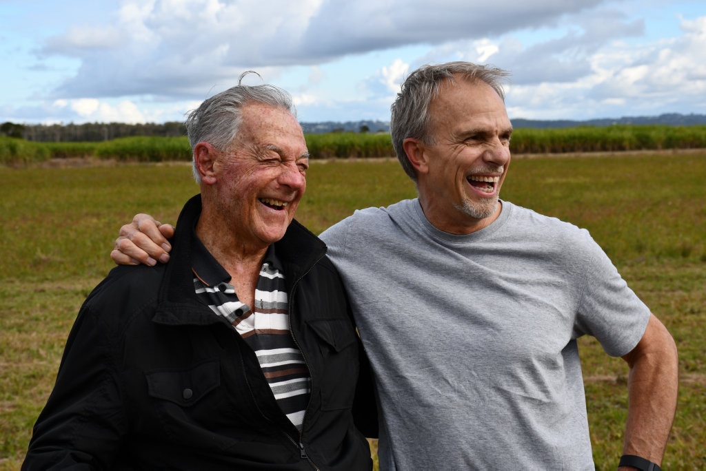 Bob Sherwell with his pastor Joel Baker after doing a charity skydive. Picture: Mark Furler