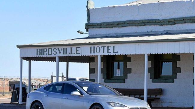 Keith and Lesley Wein made it from Melbourne to Birdsville in their Tesla. It is the first time some towns in the southwest have seen an electric car. Picture: Keith and Lesley Wein.