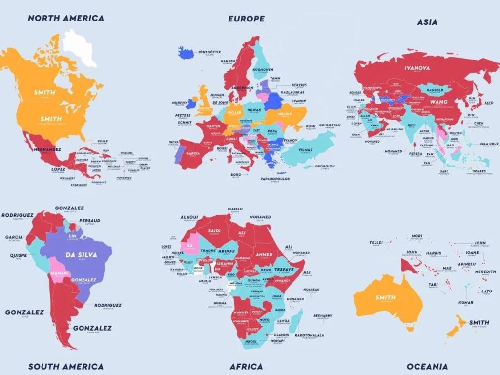 The most common last name by country. Yellow indicates the name is occupational in origin, red is patronomyic or from the father, aqua/green is from a personal characteristic, pink is a place name and blue is a name honouring a patron. These origins are explained below under HOW NAMES BEGIN. Picture: Net Credit