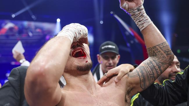 Jai Opetaia celebrates his win for the IBF cruiserweight title fight between Jai Opetaia and Mairis Briedis. Picture: Peter Wallis/Getty Images