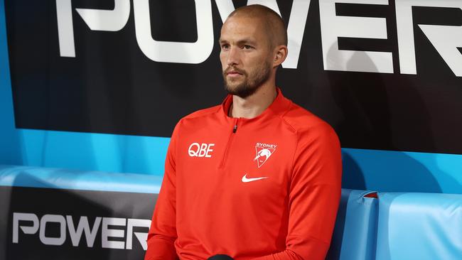 Sam Reid sits on the bench against Collingwood. Picture by Michael Klein.