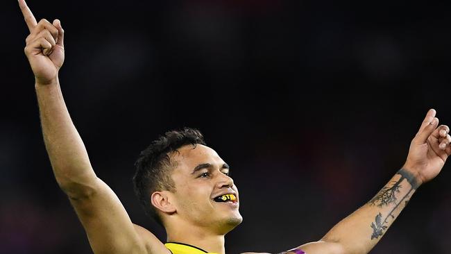 Sydney Stack watches one of his four goals against St Kilda sail through. Picture: Quinn Rooney/Getty Images.