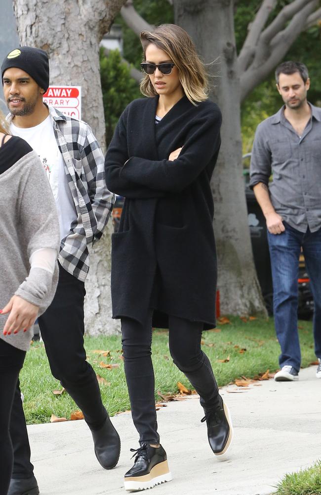 Jessica Alba filming, wears Stella McCartney platform shoes