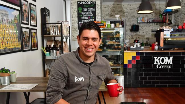 Owner Carlos Diaz at his new cafe KOM Coffee at Camden Park. Picture: AAP/ Keryn Stevens