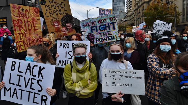 Black Lives Matter protesters at Parliament House in Melbourne. Picture: Jason Edwards