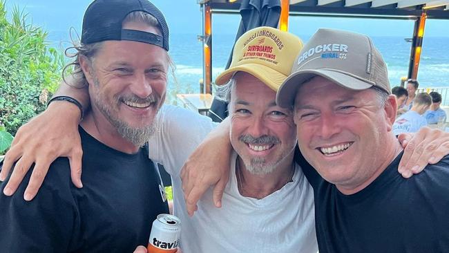 Hollywood film star Travis Fimmel, actor Kick Gurry, and television host Karl Stefanovic at the Sunshine Beach Surf Club. Picture: Instagram