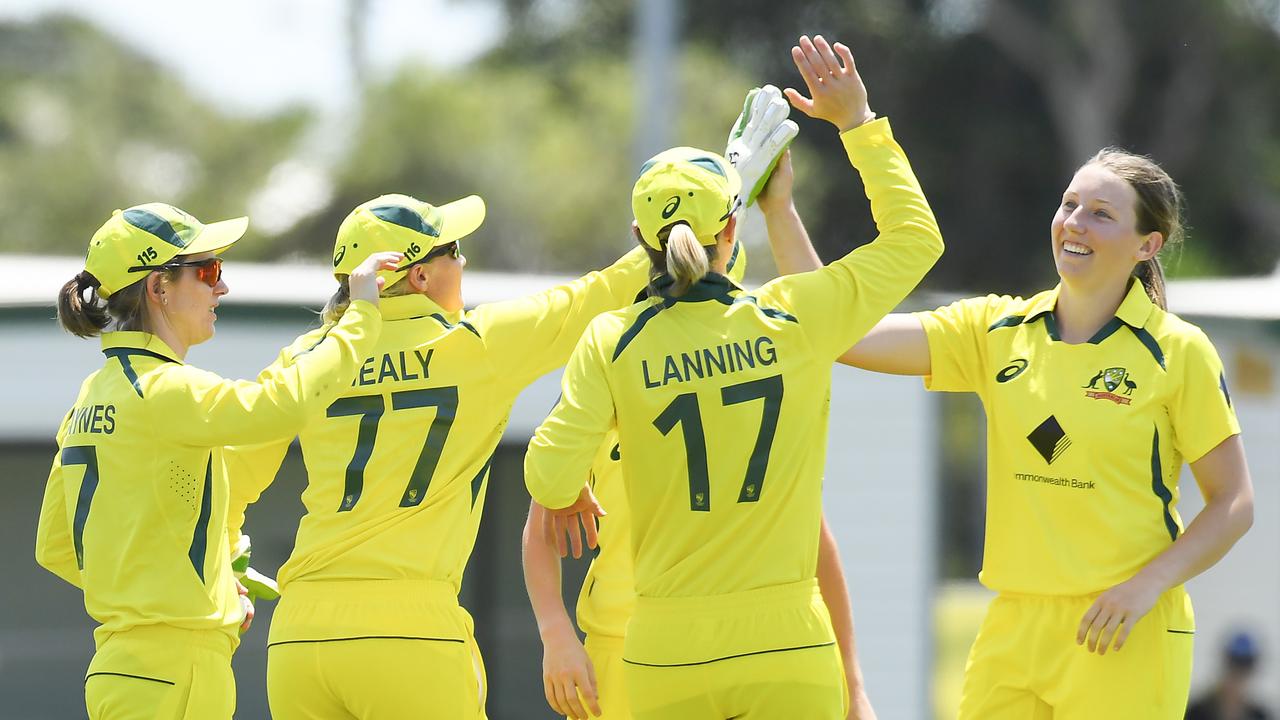 Brown and the Aussies celebrate a wicket. Picture: Getty Images