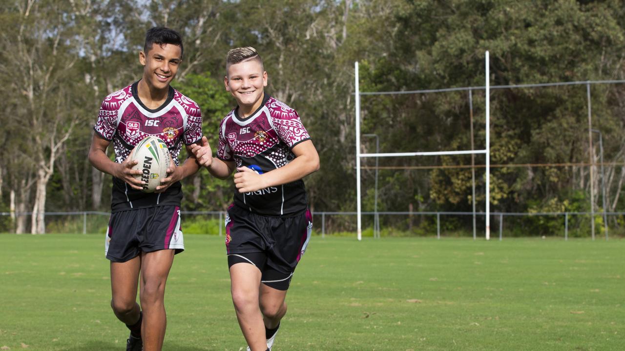 Mereki Warradoo and Charlie Dickson as juniors at Moreton Bay league. (AAP Image/Renae Droop)