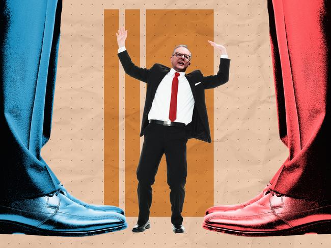 EMBARGO - FOR THE INQUIRER ON SAT MARCH 1 ; 27 February 2025; A prime minister, Albo, standing between two giant politicians. Anthony Albanese. Sources: iStock, Adobe Stock and NewsWire. Artwork by Frank Ling. Ratio 4:3 or 16:9. For PRINT.