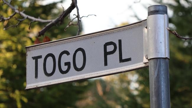 The street sign at the entrance to Togo Place, where the Uhles lived. Picture: Blake Foden