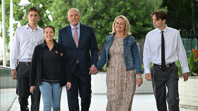 Peter Dutton with wife Kirilly, daughter Rebecca, 22 and sons (L) Harry 20 and (R) Tom 19. Picture: Lyndon Mechielsen/ The Australian