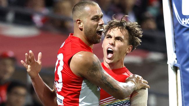 Sydney’s Lance Franklin in his 350th AFL match celebrates kicking a goal with Ryan Clarke. Picture: Phil Hillyard