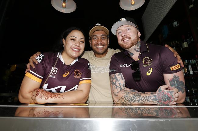 Jane Finau, Lunga Ioane, and Scott Knowles pictured at the Broncos v Rabbitohs, round 1, on Caxton Street, Brisbane 11th of March 2022. This is the first game for the BroncosÃ• season.