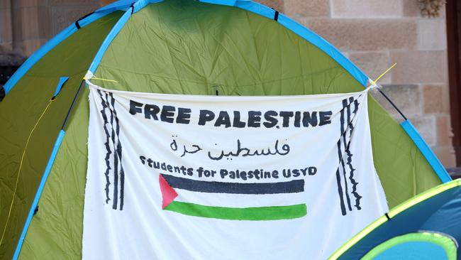 A sign on a tent at the Pro Palestine protesters camp at Sydney University. Picture: Damian Shaw