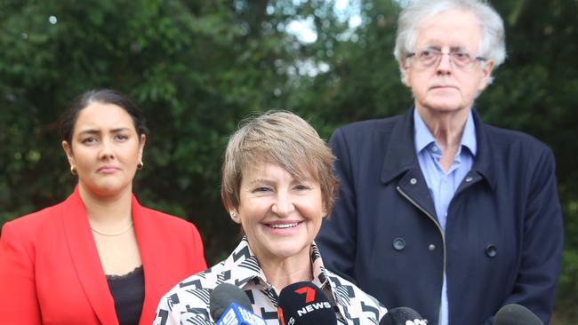 Kathleen Folbigg’s lawyer Rhanee Rego, barrister Robert Cavanagh and friend Tracy Chapmanspeak at a Coffs Harbour press conference on Tuesday morning. Picture: NCA NewsWire/Toni Fuller