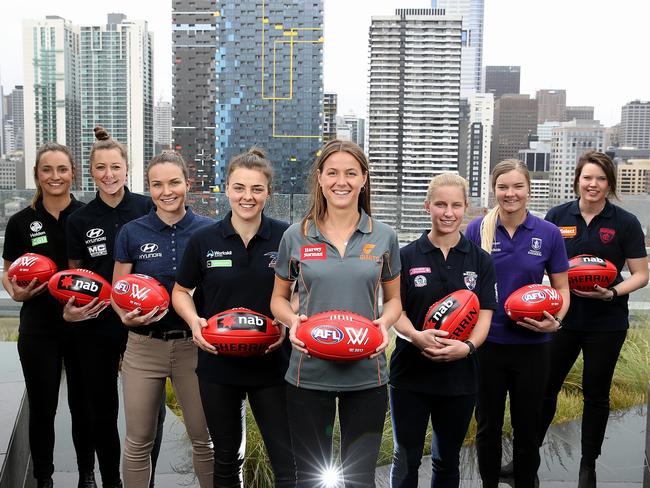 Players at the AFL Women’s League draft. Pictured: Collingwood’s Nicola Stevens, Carlton’s Bianca Jakobsson, Brisbane’s Emily Bates, Adelaide’s Ebony Marinoff, GWS’ Nicola Barr, Western Bulldogs’ Jaimee Lambert, Fremantle’s Hayley Miller and Melbourne’s Elise O'Dea. Picture: Tim Carrafa