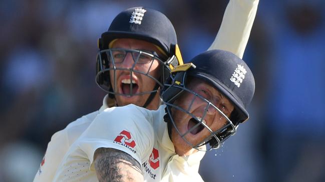 Ben Stokes (front) and Jack Leach celebrate England’s stunning win in the third Test at Headingley. Picture: Getty Images