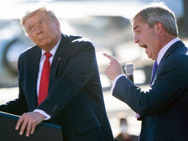 US President Donald Trump listens as Nigel Farage (R) speaks during a Make America Great Again rally on October 28, 2020, in Arizona. Picture: AFP