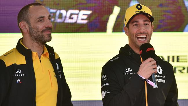 Daniel Ricciardo will have plenty to laugh about if he manages a podium finish and team principal Cyril Abiteboul has to get a tattoo. Picture: AFP