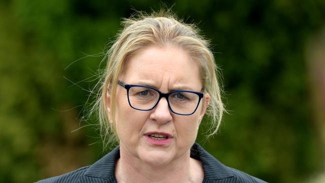 Premier Jacinta Allan speaks to the media after Remembrance Day commemorations at the Shine. Picture: Andrew Henshaw