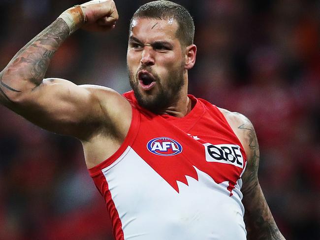 Sydney's Lance Franklin celebrates kicking a goal during AFL match Sydney Swans v GWS Giants at Spotless Stadium. Picture. Phil Hillyard