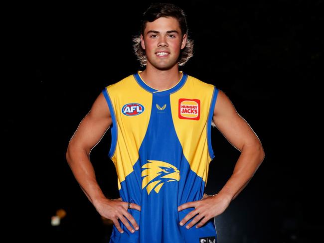 MELBOURNE, AUSTRALIA - NOVEMBER 24: Campbell Chesser of the Eagles poses for a photograph during the NAB AFL Draft at the London Tavern on November 24, 2021 in Melbourne, Australia. (Photo by Michael Willson/AFL Photos via Getty Images)