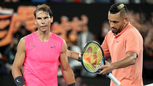 Nick Kyrgios of Australia congratulates Rafael Nadal at the net following their Men's Singles fourth round match on day eight of the 2020 Australian Open at Melbourne Park.