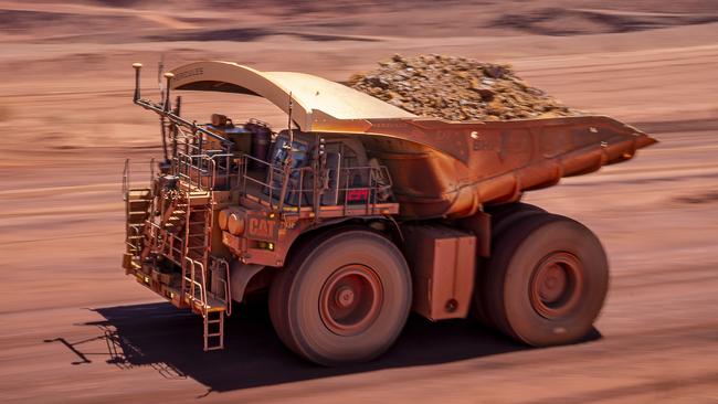 A mining haul truck at BHP's Jimblebar iron ore mine in the Pilbara region, Western Australia.