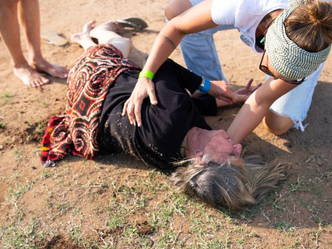 Supplied image obtained Sunday, April 28, 2019 of a northern NSW woman who was injured during a Stop Adani Convoy event in Clermont. A man on horseback has been arrested after he allegedly knocked over a woman while riding into an anti-Adani protest in central Queensland. (AAP Image/Matthew Newton/Bob Brown Foundation) NO ARCHIVING, EDITORIAL USE ONLY