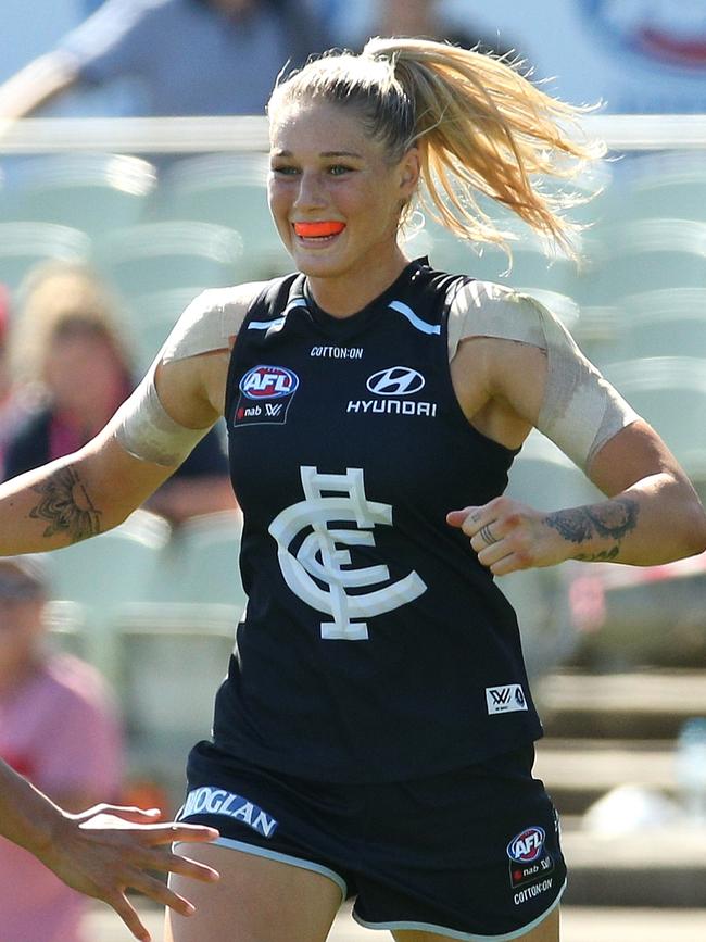 Tayla Harris celebrates an early goal during Carlton’s win over Fremantle. Picture: Hamish Blair. 