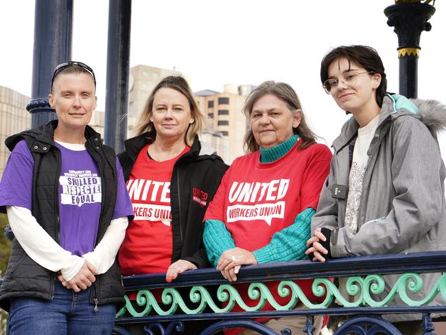 ACTU Secretary Sally McManus, and Australian Services Union Vice President, SA and NT branch, Robert Habel, joined by minimum and award wage workers,(pictured LtoR) Vanessa Wood, Sherryn Parker, Connie Quinn, and June Minor-Cywinska, who addressed the media on the Fair Work CommissionÃs Annual Wage Review decision. 3 June 2024. Picture: Dean Martin