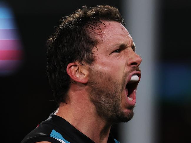 ADELAIDE, AUSTRALIA - MAY 02: Travis Boak of the Power celebrates a goal during the 2024 AFL Round 08 match between the Adelaide Crows and the Port Adelaide Power at Adelaide Oval on May 02, 2024 in Adelaide, Australia. (Photo by James Elsby/AFL Photos via Getty Images)