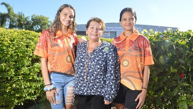 Palm Island Mayor Mislam Sam's daughters Shameka, 16, and Sharona, 13, are pictured with Palm Island Community Company CEO Rachel Atkinson. Picture: Caitlan Charles
