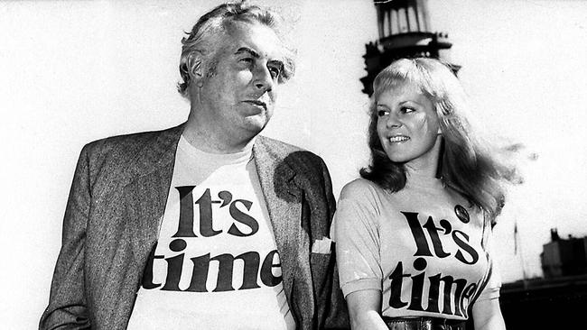 Labor Leader Gough Whitlam pioneers the It’s Time slogan with singer Little Pattie in 1972. Picture: File