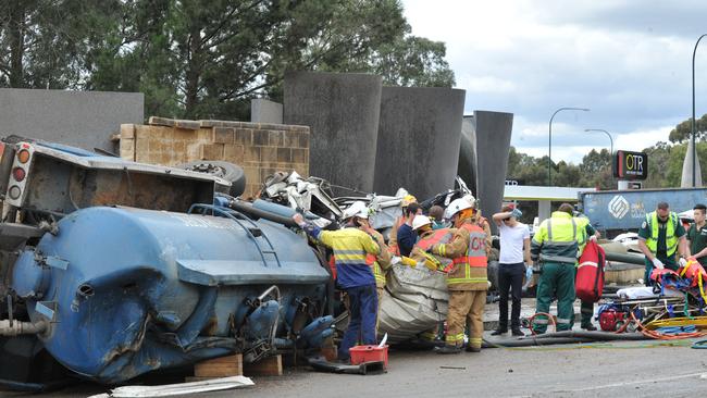 The Cleanaway sewage truck driven by Darren Hicks after it smashed into vehicles and the wall at the bottom of the South Eastern Freeway on August 18, 2014. Picture: Roger Wyman