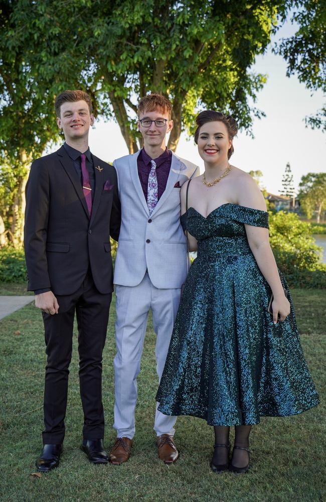 Lockie Woodgate, Dyson Bishop and Josephine Westcott at the Mackay North State High School formal at Windmill Function Centre, November 19, 2021. Picture: Heidi Petith