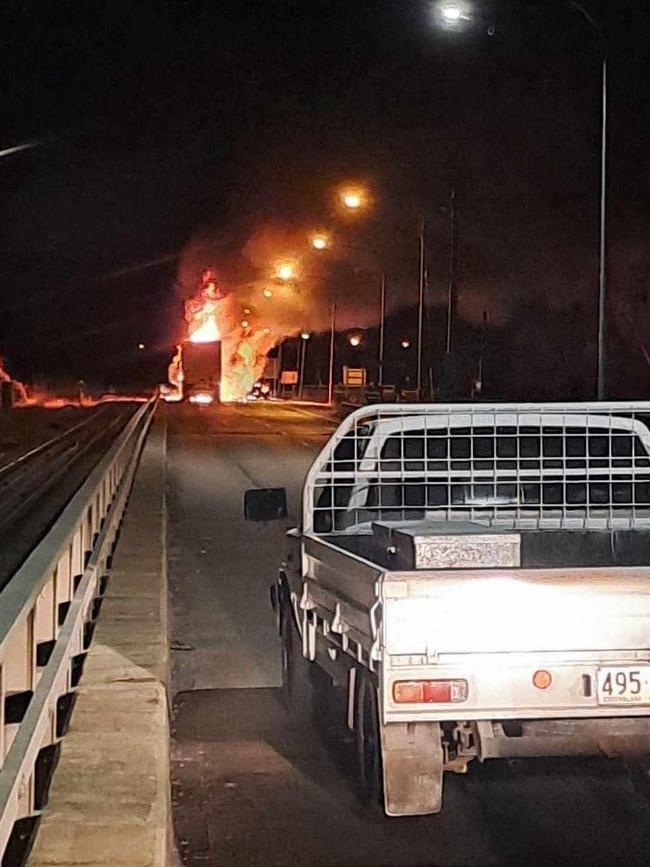 A truck on fire near the Burdekin Bridge, closing the Bruce Highway. Picture: Supplied