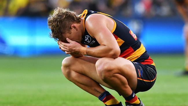 ADELAIDE, AUSTRALIA - MARCH 25: Jordan Dawson of the Crows at the final siren during the round two AFL match between Adelaide Crows and Richmond Tigers at Adelaide Oval, on March 25, 2023, in Adelaide, Australia. (Photo by Mark Brake/Getty Images)