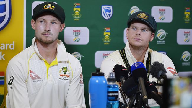 Steve Smith and Cameron Bancroft face the media and admit to their plan to tamper with the ball. Picture: Getty