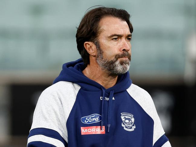 MELBOURNE, AUSTRALIA - APRIL 27: Chris Scott, Senior Coach of the Cats looks on during the 2025 AFL Round 07 match between the Carlton Blues and the Geelong Cats at the Melbourne Cricket Ground on April 27, 2025 in Melbourne, Australia. (Photo by Michael Willson/AFL Photos via Getty Images)