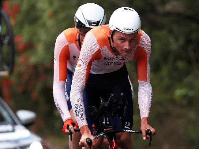 WOLLOGONG, AUSTRALIA - SEPTEMBER 21: Mathieu Van Der Poel of The Netherlands sprints during the 95th UCI Road World Championships 2022 - Team Time Trial Mixed Relay / #Wollongong2022  / on September 21, 2022 in Wollongong, Australia. (Photo by Con Chronis/Getty Images)