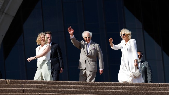 King Charles and Queen Camilla arrive at the Sydney Opera House alongside NSW Premier Chris Minns and his wife Anna. Picture: NewsWire / Damian Shaw