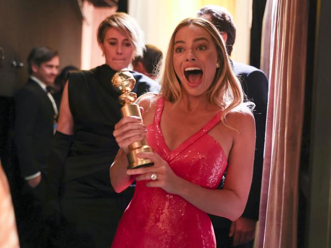 Margot Robbie celebrates Barbie’s Golden Globe win. Picture: Getty Images